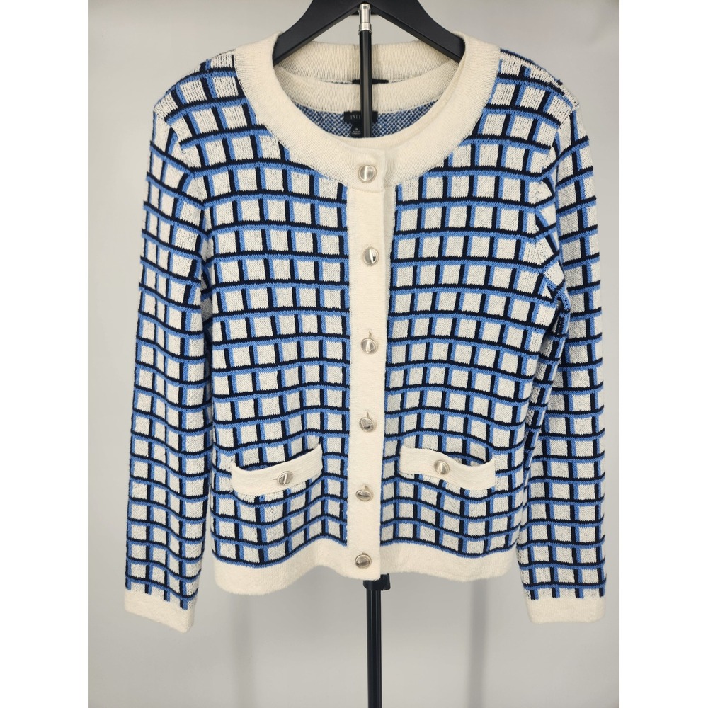 Talbots Blue White Geometric Grid Cardigan and Shell Twin Set Size M